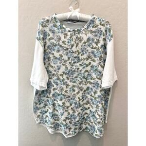 MM STUDIO Cotton Floral Button Front Top Blue White Cottagecore | XXL